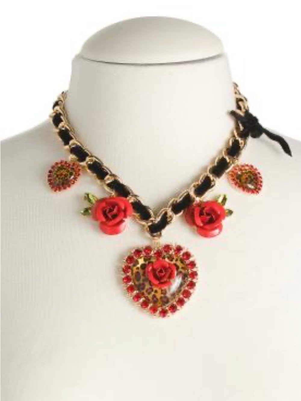 Betsey Johnson leopard rose heart charm bow necklace